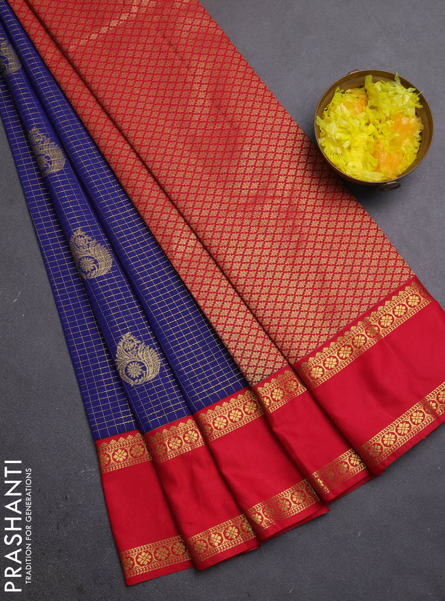 Semi kanchipuram silk saree navy blue and red with allover zari checks & buttas and rettapet zari woven border