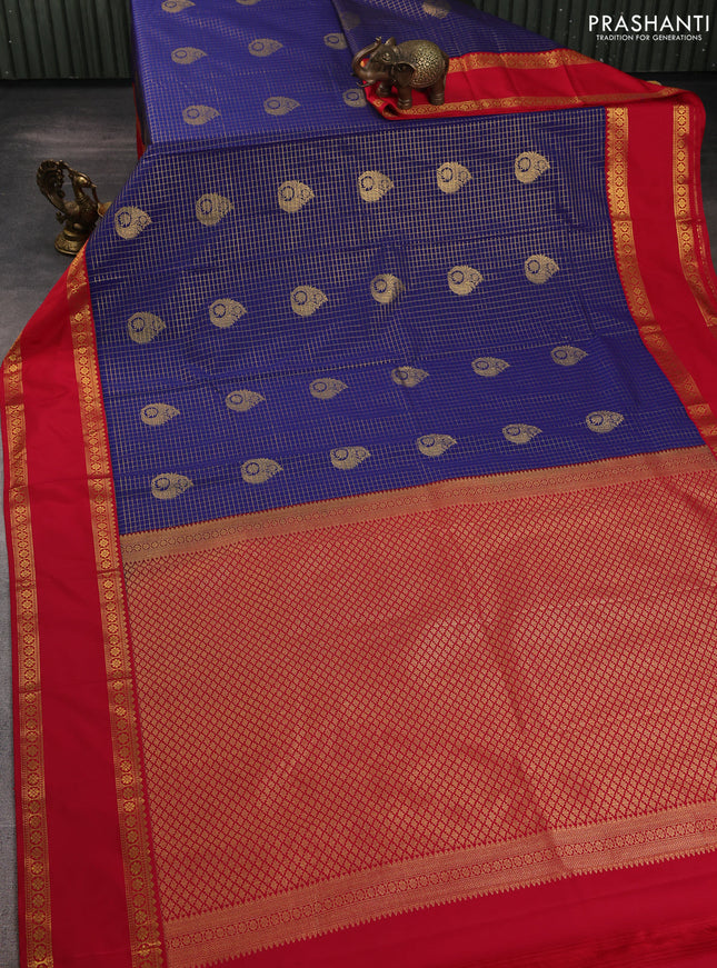 Semi kanchipuram silk saree navy blue and red with allover zari checks & buttas and rettapet zari woven border