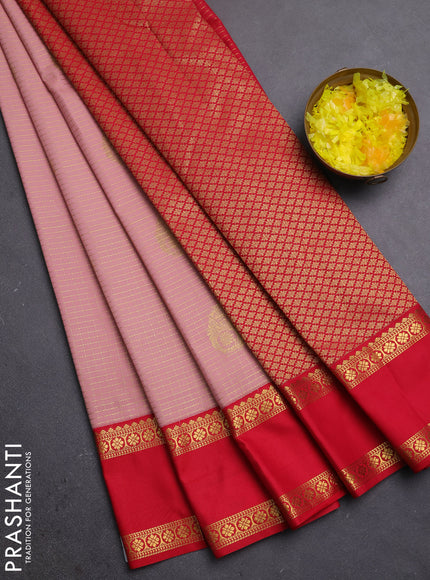 Semi kanchipuram silk saree pastel pink and red with allover zari checks & buttas and rettapet zari woven border