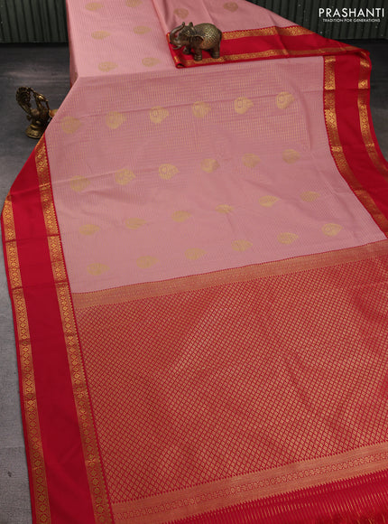 Semi kanchipuram silk saree pastel pink and red with allover zari checks & buttas and rettapet zari woven border