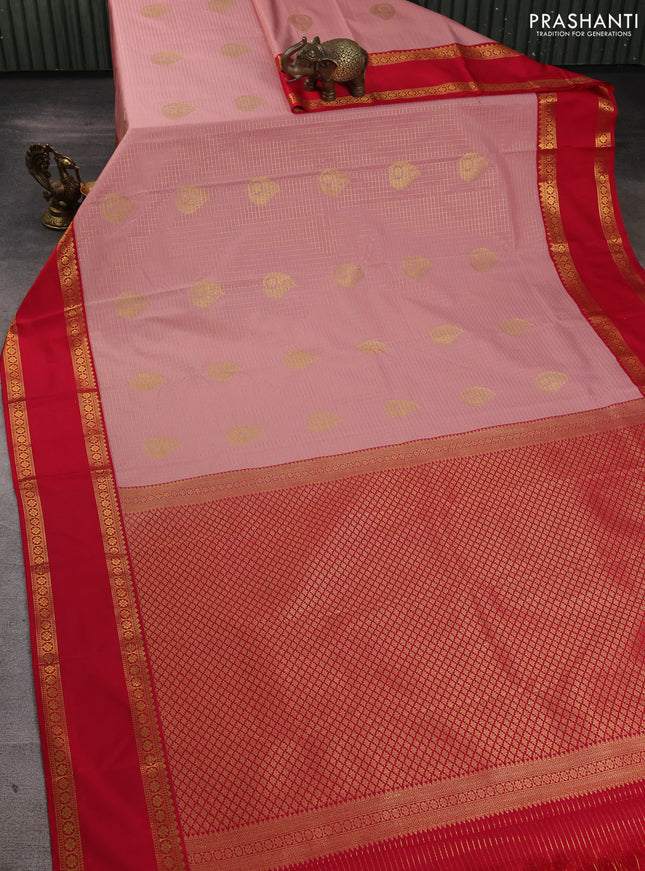 Semi kanchipuram silk saree pastel pink and red with allover zari checks & buttas and rettapet zari woven border