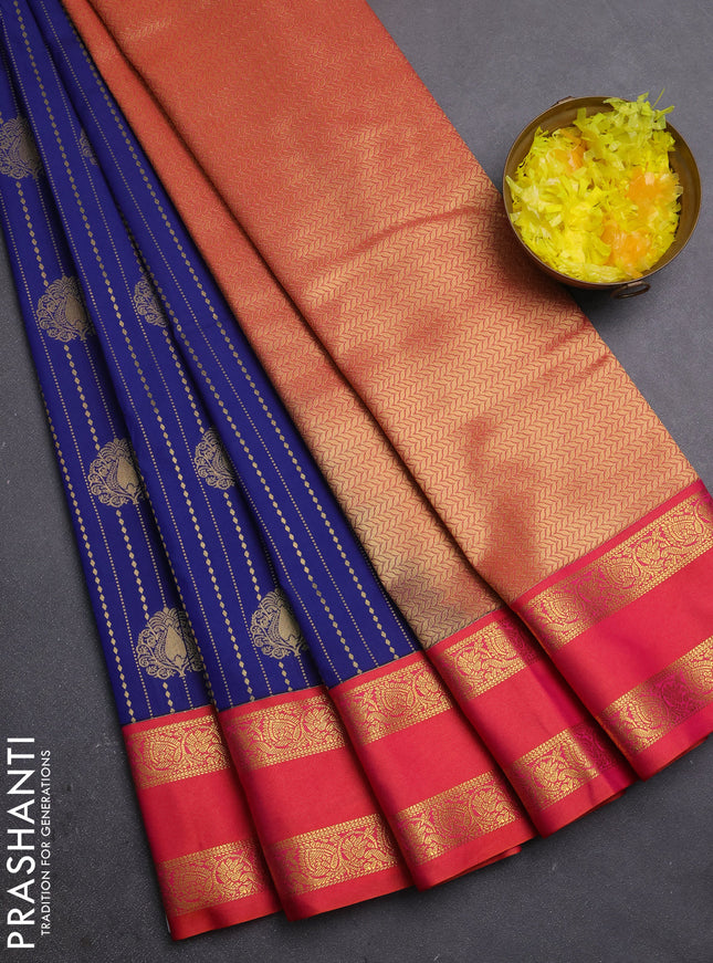 Semi kanchipuram silk saree blue and orange with allover zari weaves & buttas and rettapet zari woven border