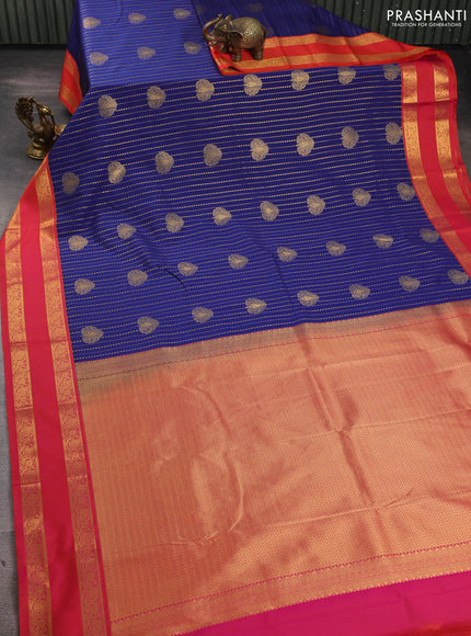 Semi kanchipuram silk saree blue and orange with allover zari weaves & buttas and rettapet zari woven border