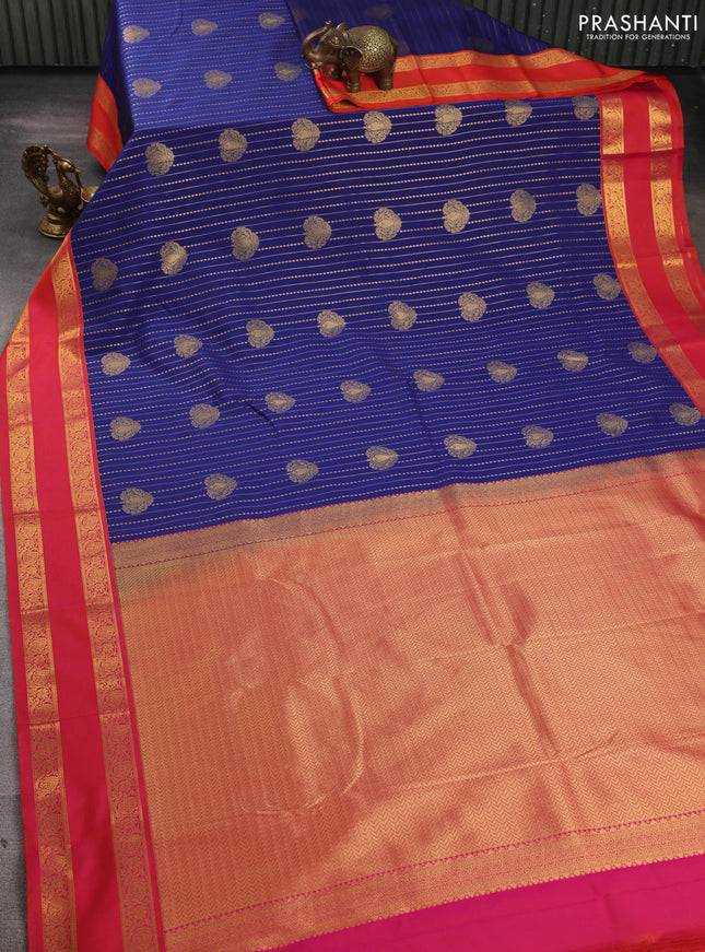 Semi kanchipuram silk saree blue and orange with allover zari weaves & buttas and rettapet zari woven border