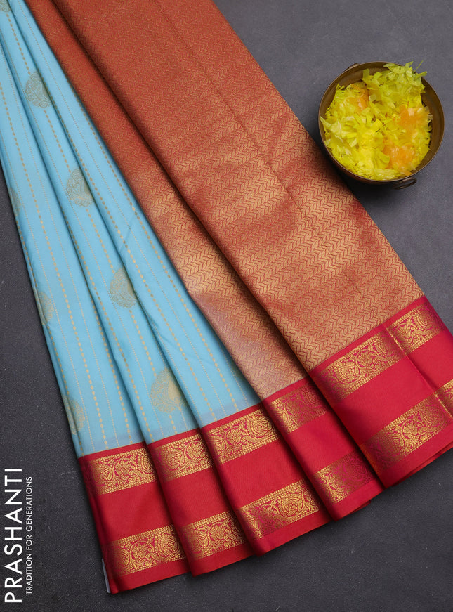 Semi kanchipuram silk saree teal blue and orange with allover zari weaves & buttas and rettapet zari woven border