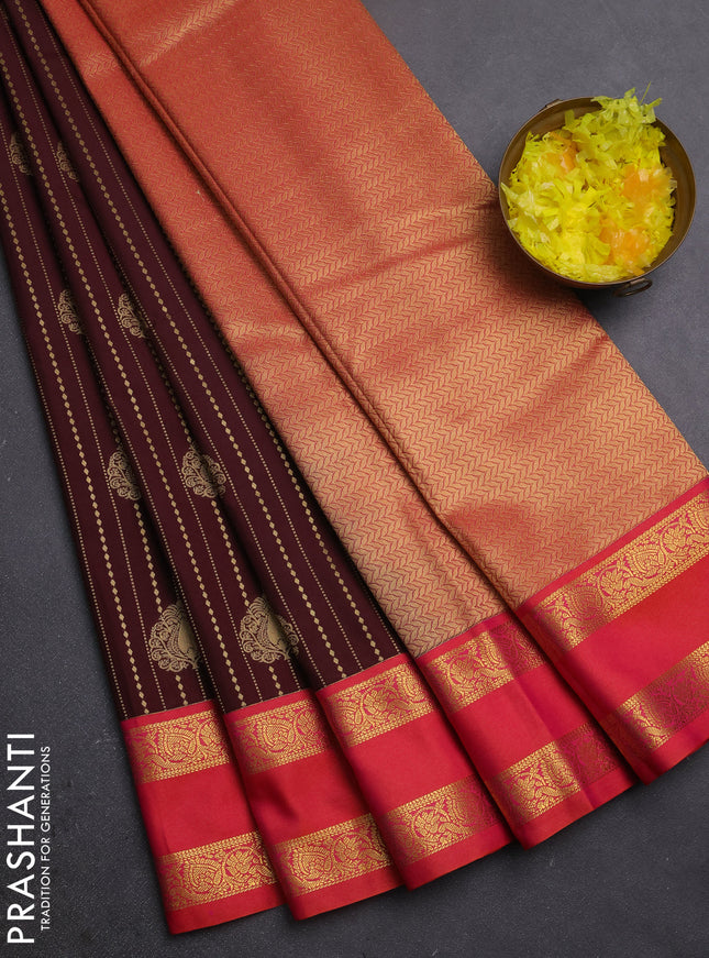 Semi kanchipuram silk saree deep maroon and orange with allover zari weaves & buttas and rettapet zari woven border