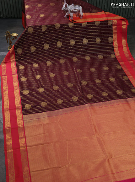Semi kanchipuram silk saree deep maroon and orange with allover zari weaves & buttas and rettapet zari woven border