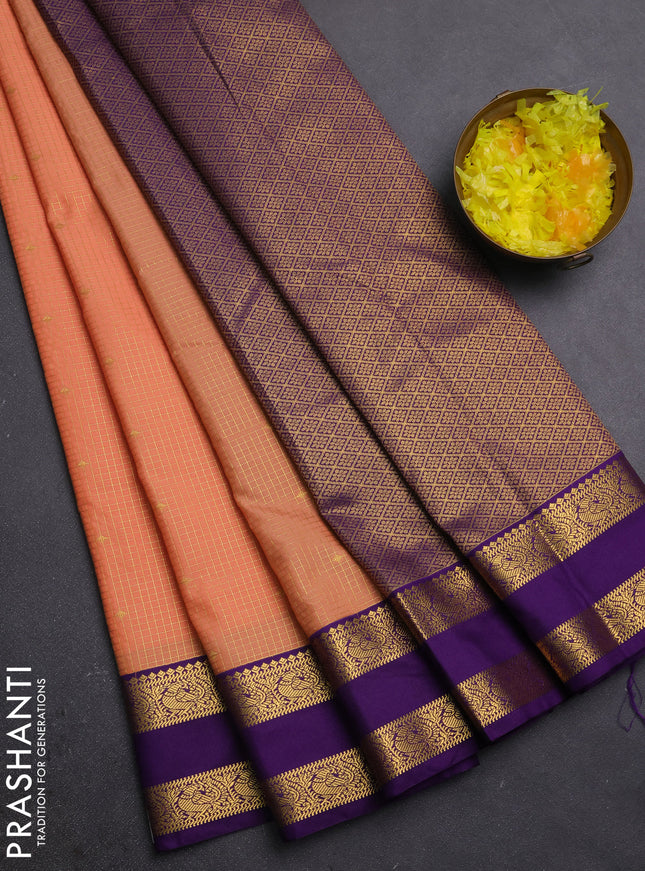 Semi kanchipuram silk saree peach orange and violet with allover zatri checks & buttas and rettapet zari woven border