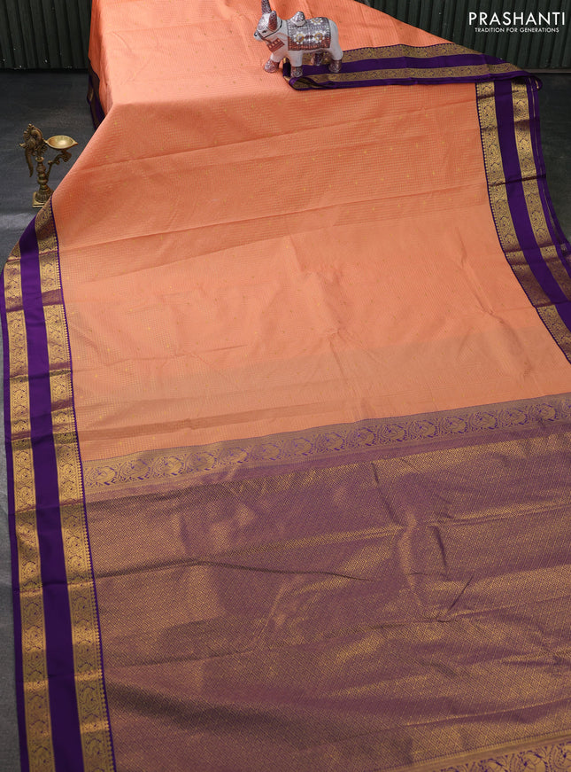 Semi kanchipuram silk saree peach orange and violet with allover zatri checks & buttas and rettapet zari woven border