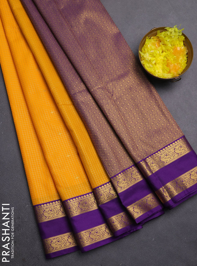 Semi kanchipuram silk saree yellow and violet with allover zatri checks & buttas and rettapet zari woven border
