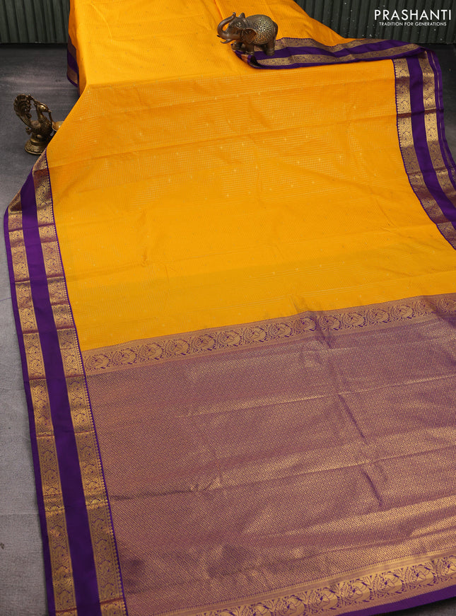 Semi kanchipuram silk saree yellow and violet with allover zatri checks & buttas and rettapet zari woven border