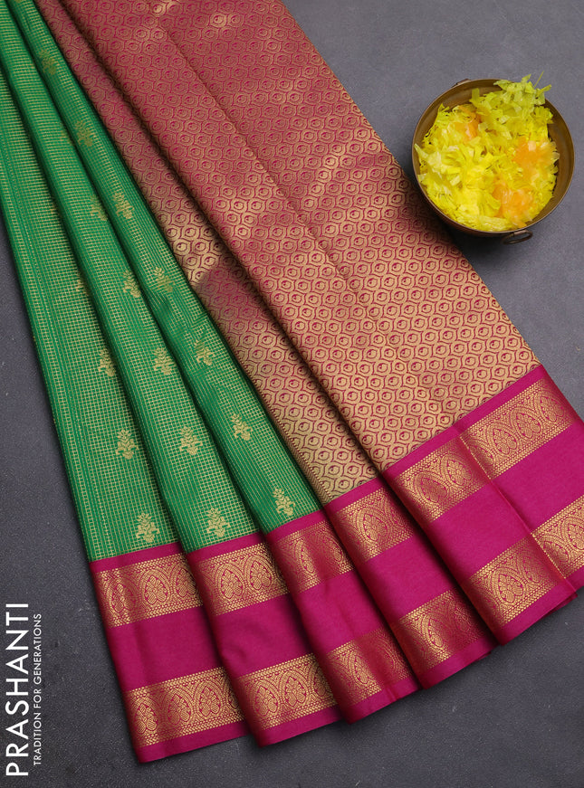 Semi kanchipuram silk saree green and pink with allover zari checks & buttas and rettapet zari woven border