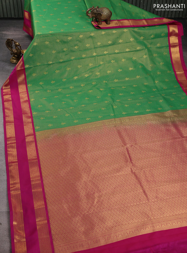 Semi kanchipuram silk saree green and pink with allover zari checks & buttas and rettapet zari woven border