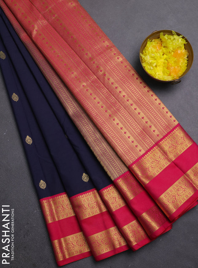 Semi kanchipuram silk saree navy blue and pink with zari woven buttas and rettapet zari woven border
