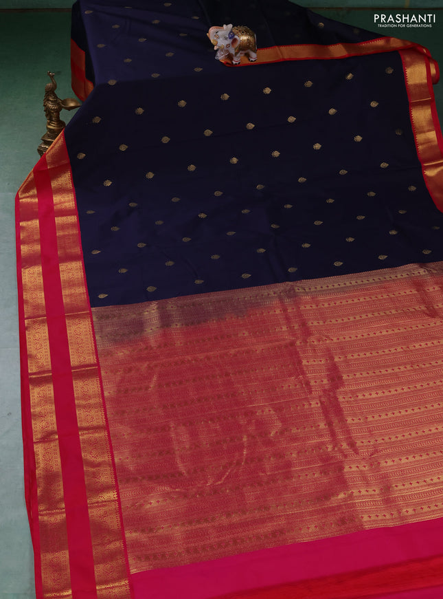 Semi kanchipuram silk saree navy blue and pink with zari woven buttas and rettapet zari woven border