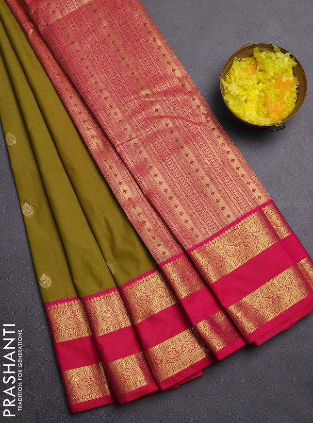 Semi kanchipuram silk saree mehendi green and pink with zari woven buttas and rettapet zari woven border