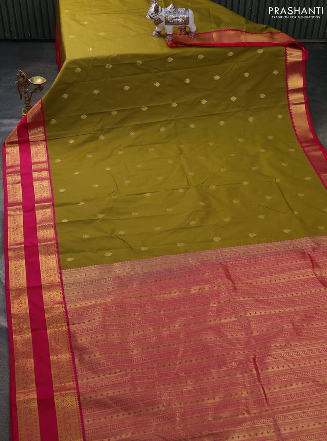 Semi kanchipuram silk saree mehendi green and pink with zari woven buttas and rettapet zari woven border