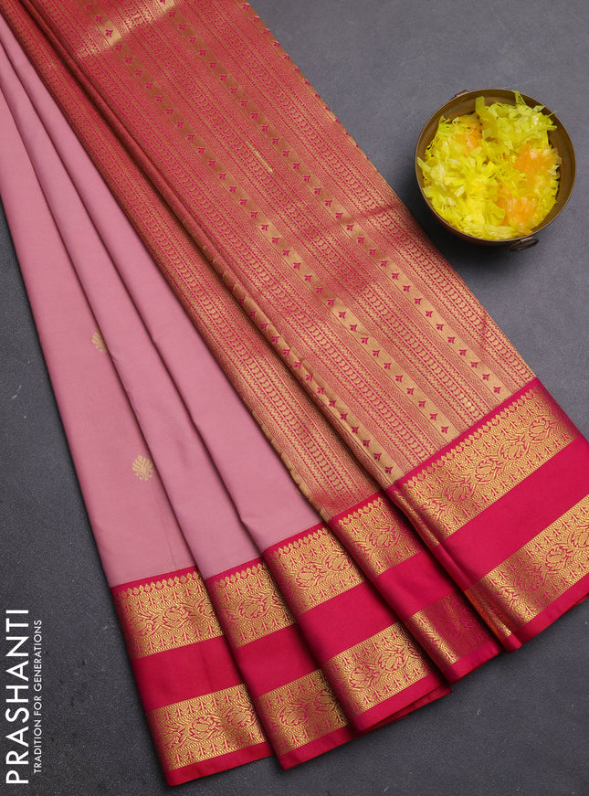 Semi kanchipuram silk saree peach pink and pink with zari woven buttas and rettapet zari woven border