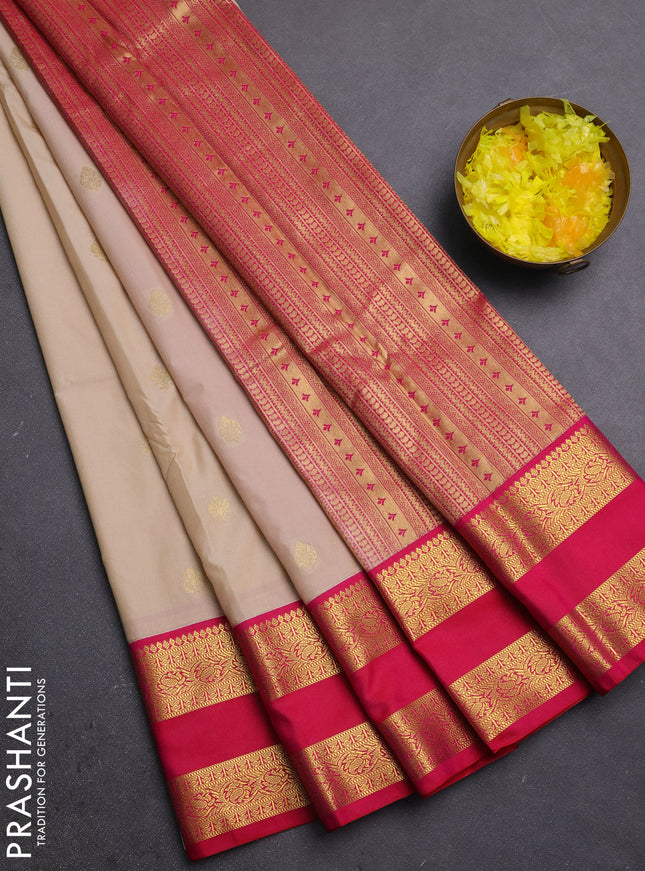 Semi kanchipuram silk saree beige and pink with zari woven buttas and rettapet zari woven border