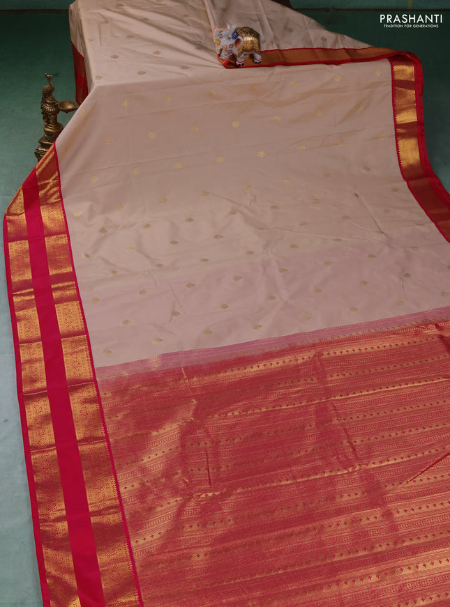 Semi kanchipuram silk saree beige and pink with zari woven buttas and rettapet zari woven border