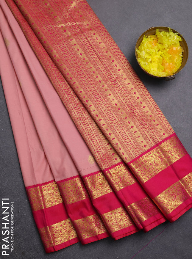 Semi kanchipuram silk saree peach shade and pink with zari woven buttas and rettapet zari woven border