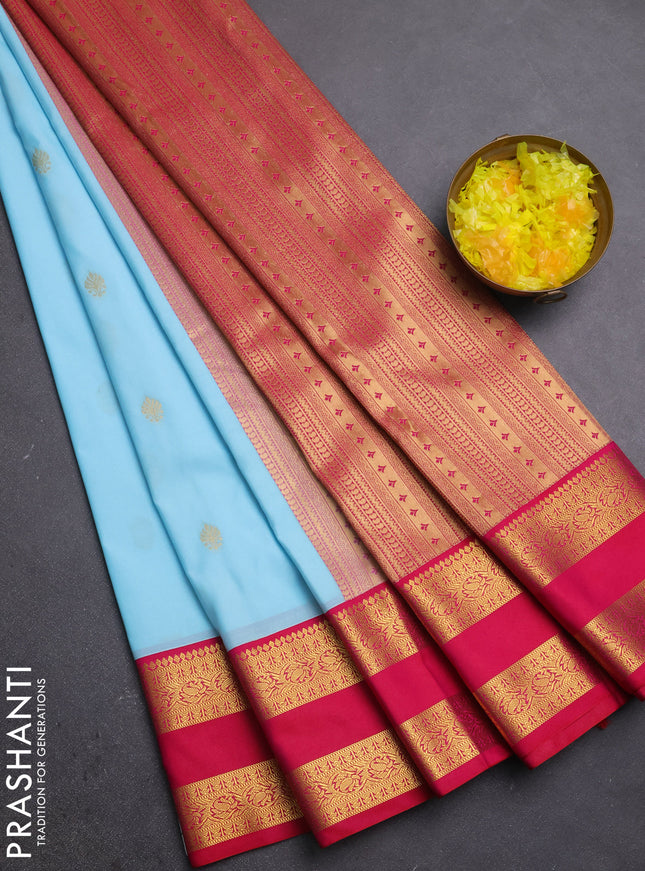 Semi kanchipuram silk saree teal blue and red with zari woven buttas and rettapet zari woven border