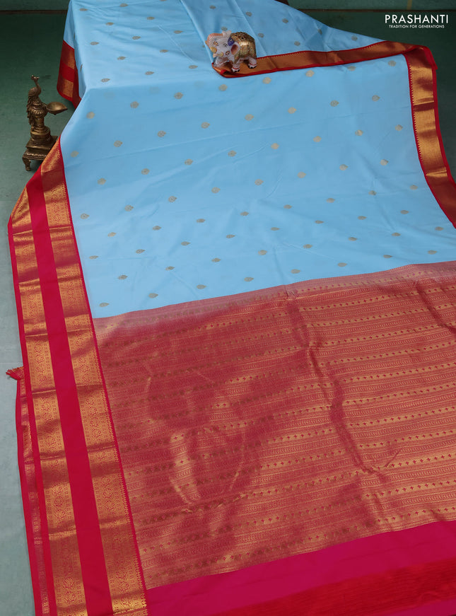 Semi kanchipuram silk saree teal blue and red with zari woven buttas and rettapet zari woven border