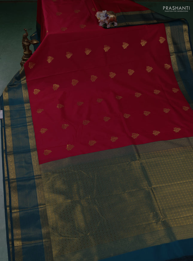 Semi kanchipuram silk saree pink and peacock green with zari woven buttas and zari woven border