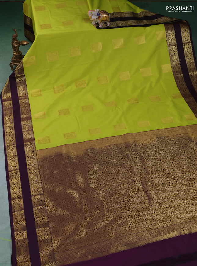 Semi kanchipuram silk saree lime green and purple with zari woven buttas and rettapet zari woven border