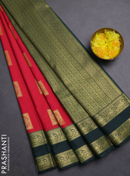 Semi kanchipuram silk saree tomato pink and green with zari woven buttas and temple design rettapet zari woven border