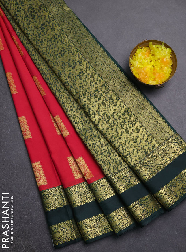 Semi kanchipuram silk saree tomato pink and green with zari woven buttas and temple design rettapet zari woven border