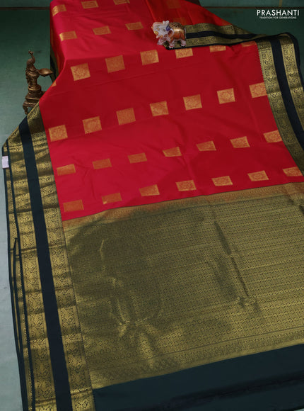 Semi kanchipuram silk saree tomato pink and green with zari woven buttas and temple design rettapet zari woven border
