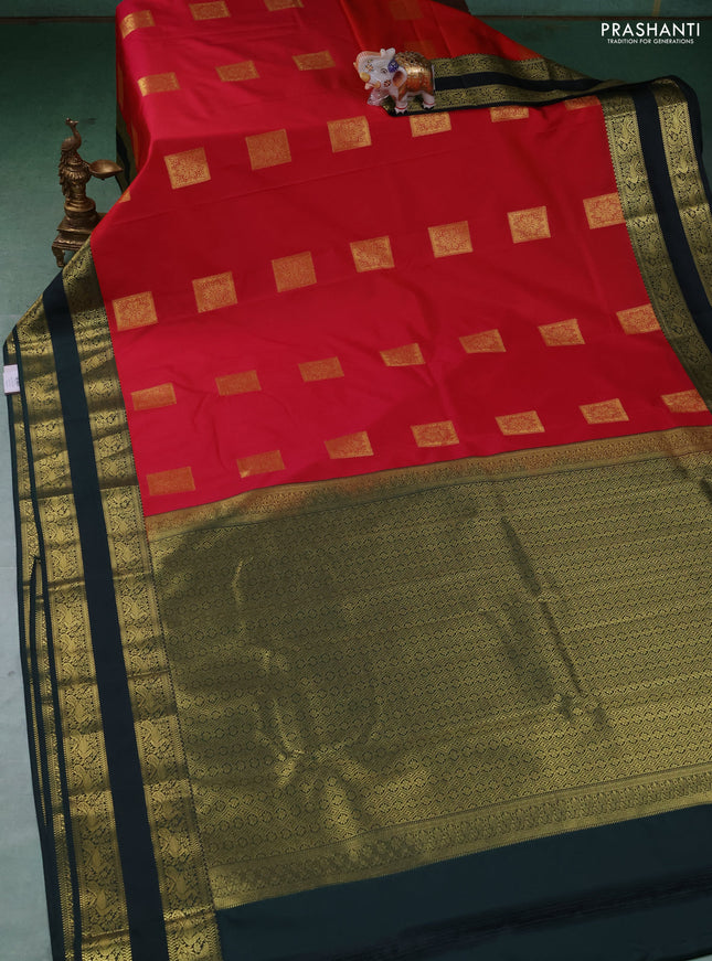 Semi kanchipuram silk saree tomato pink and green with zari woven buttas and temple design rettapet zari woven border