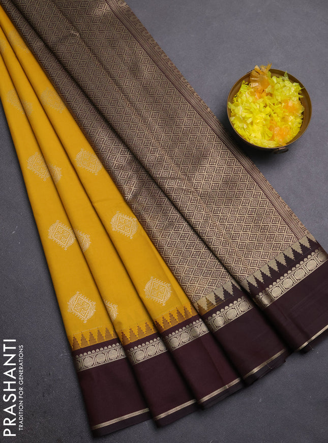 Semi kanchipuram silk saree mustard yellow and deep maroon with zari woven buttas and temple design rettapet zari woven border