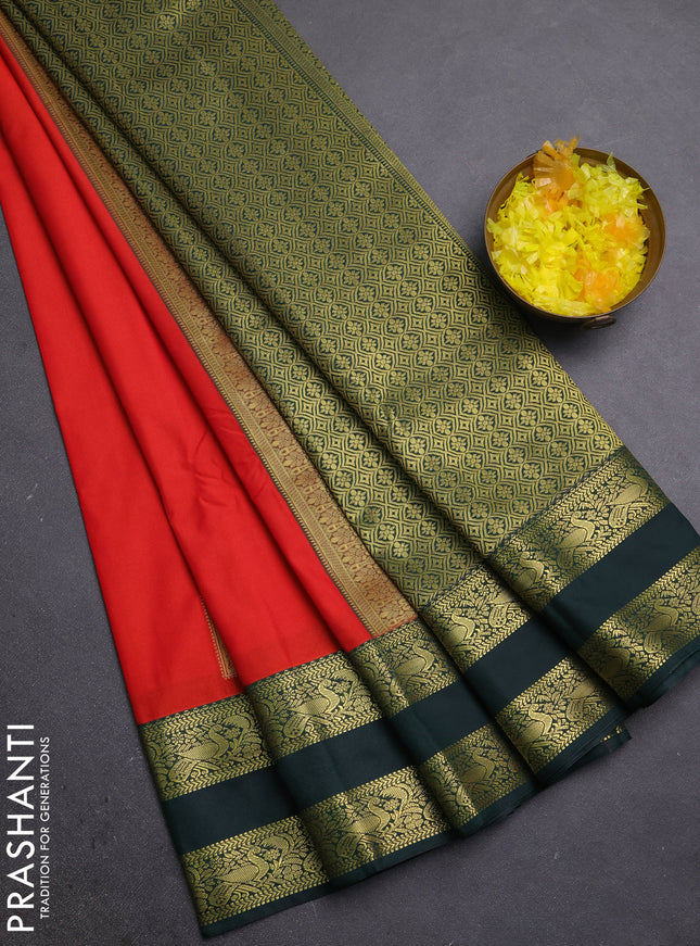Semi kanchipuram silk saree orange and green with zari woven buttas and rettapet zari woven border