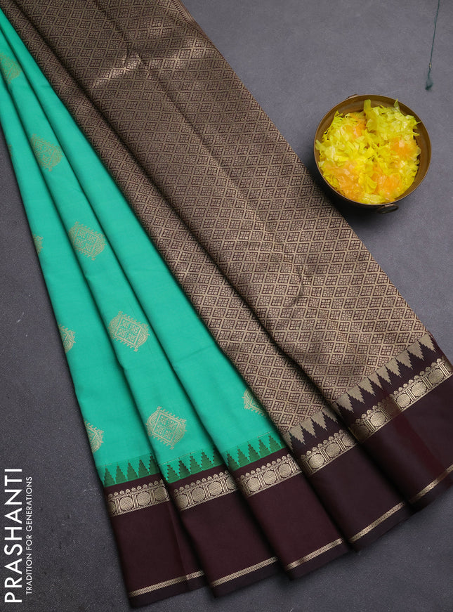 Semi kanchipuram silk saree teal green and deep maroon with zari woven buttas and rettapet zari woven border