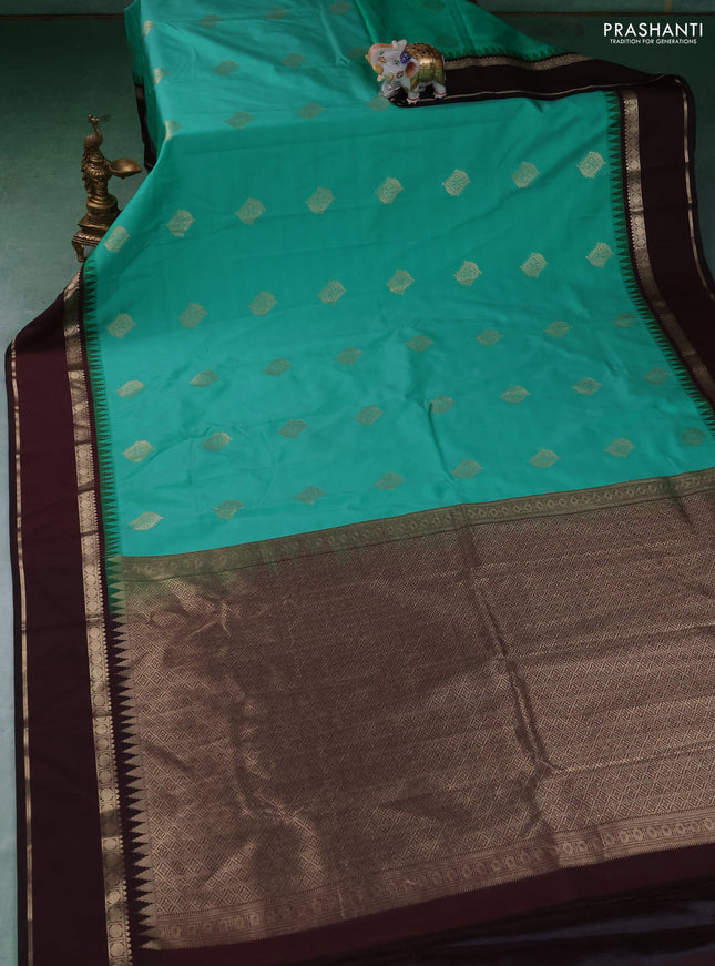 Semi kanchipuram silk saree teal green and deep maroon with zari woven buttas and rettapet zari woven border