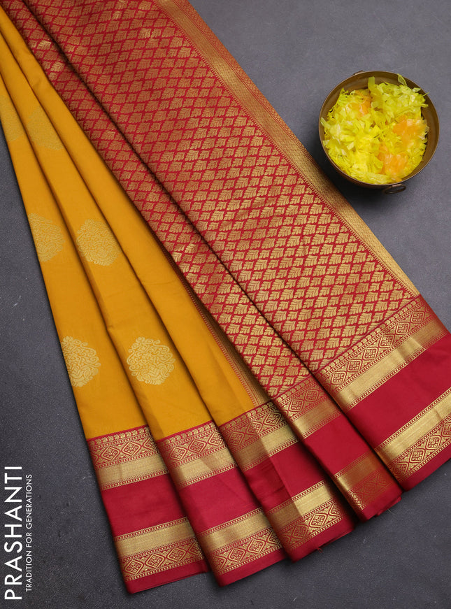 Semi kanchipuram silk saree mustard yellow and maroon with zari woven buttas and rettapet zari woven border