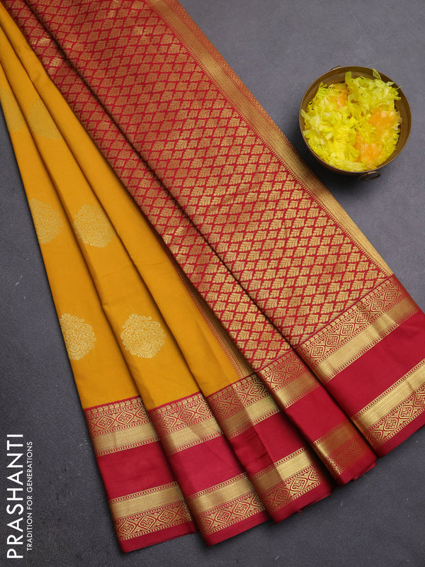 Semi kanchipuram silk saree mustard yellow and maroon with zari woven buttas and rettapet zari woven border