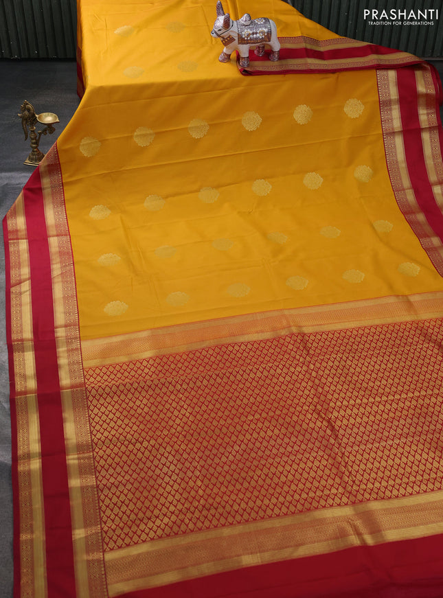 Semi kanchipuram silk saree mustard yellow and maroon with zari woven buttas and rettapet zari woven border