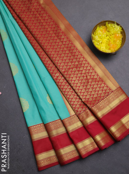 Semi kanchipuram silk saree teal green and maroon with zari woven buttas and rettapet zari woven border