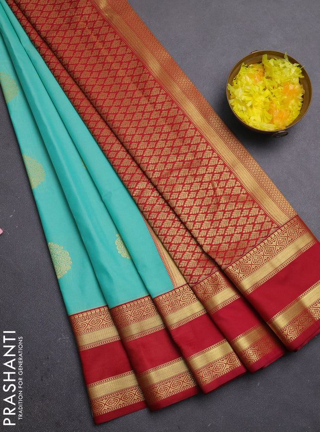 Semi kanchipuram silk saree teal green and maroon with zari woven buttas and rettapet zari woven border