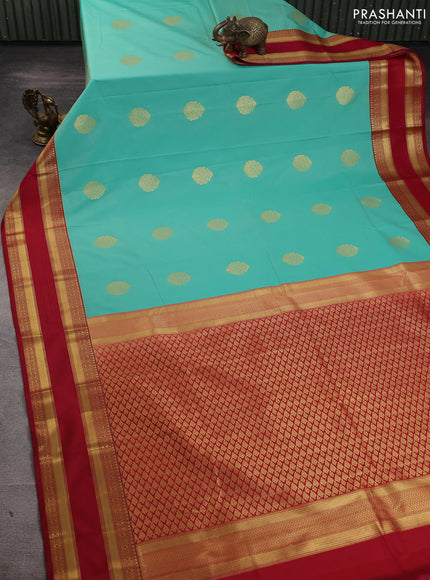 Semi kanchipuram silk saree teal green and maroon with zari woven buttas and rettapet zari woven border