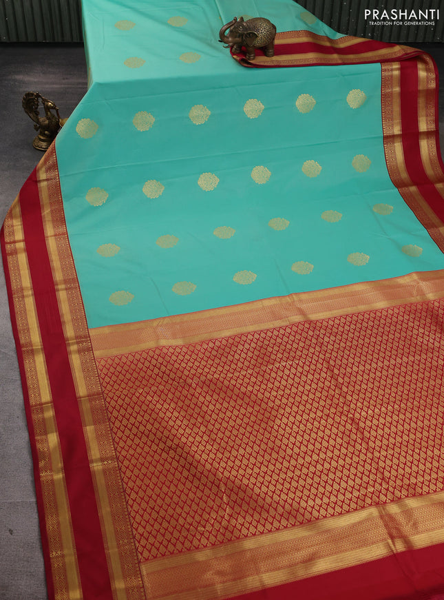 Semi kanchipuram silk saree teal green and maroon with zari woven buttas and rettapet zari woven border
