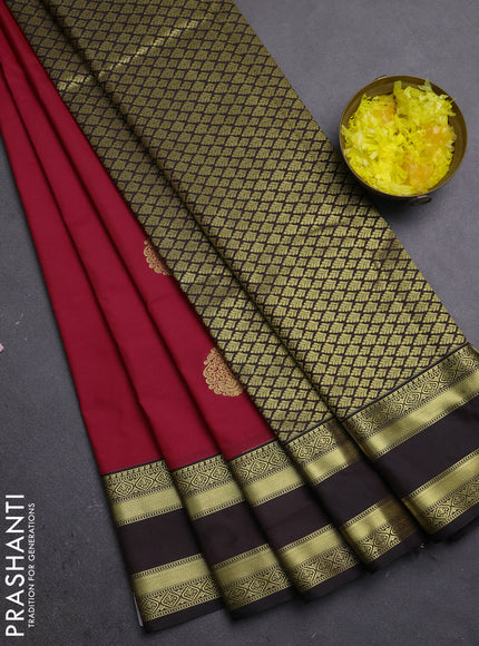Semi kanchipuram silk saree red and black with zari woven buttas and rettapet zari woven border