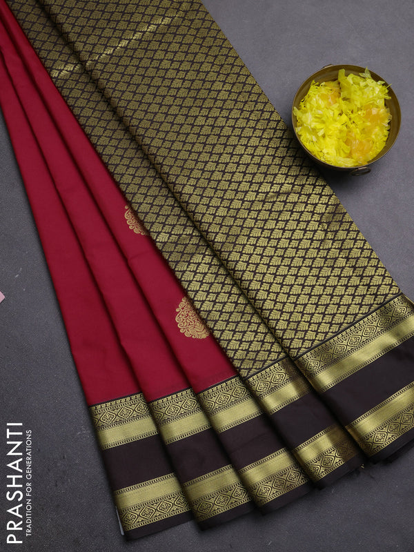 Semi kanchipuram silk saree red and black with zari woven buttas and rettapet zari woven border