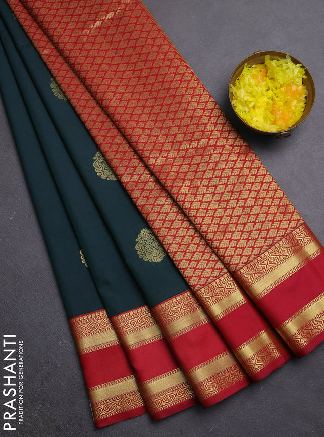 Semi kanchipuram silk saree bottle green and maroon with zari woven buttas and rettapet zari woven border