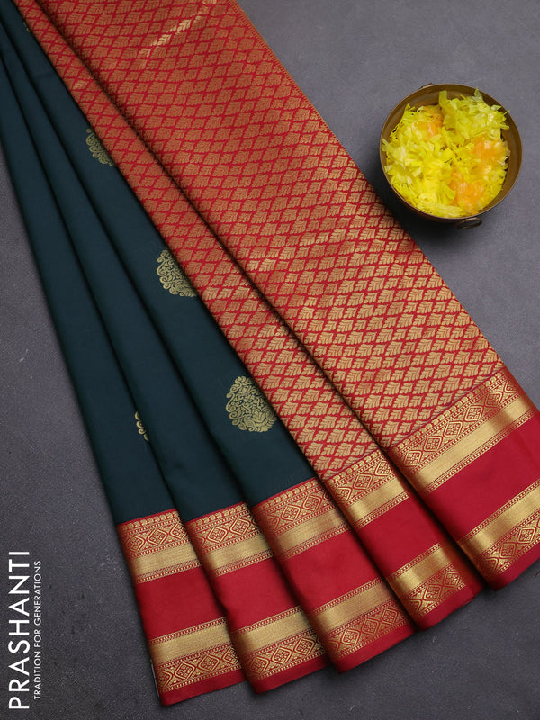 Semi kanchipuram silk saree bottle green and maroon with zari woven buttas and rettapet zari woven border