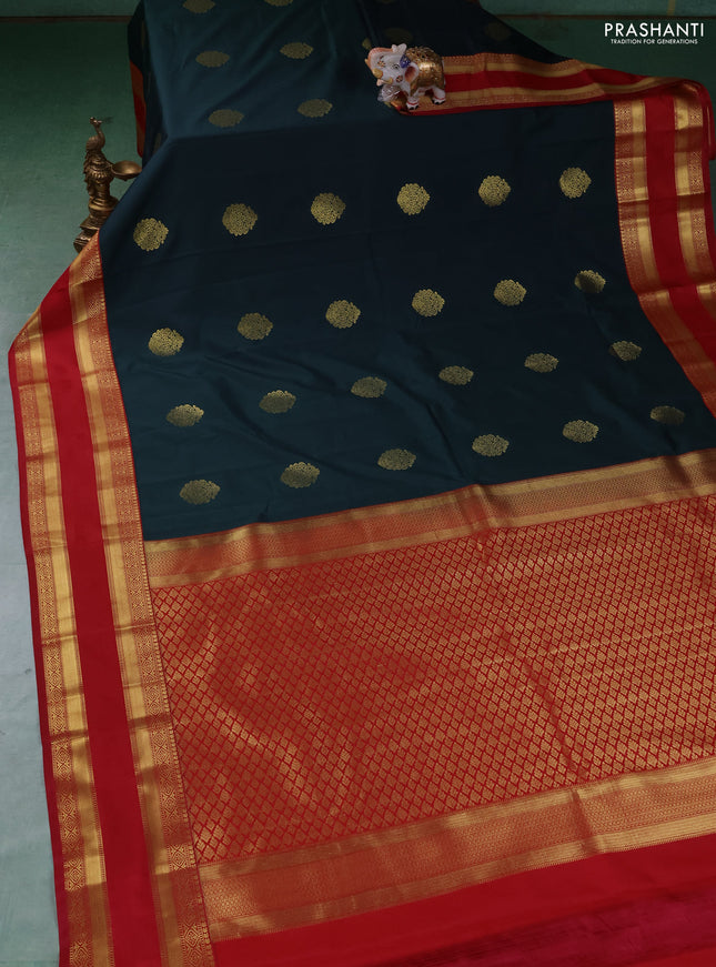 Semi kanchipuram silk saree bottle green and maroon with zari woven buttas and rettapet zari woven border