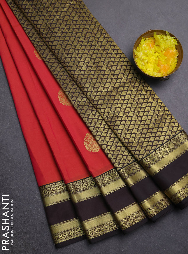 Semi kanchipuram silk saree rust shade and coffee brown with zari woven buttas and rettapet zari woven border